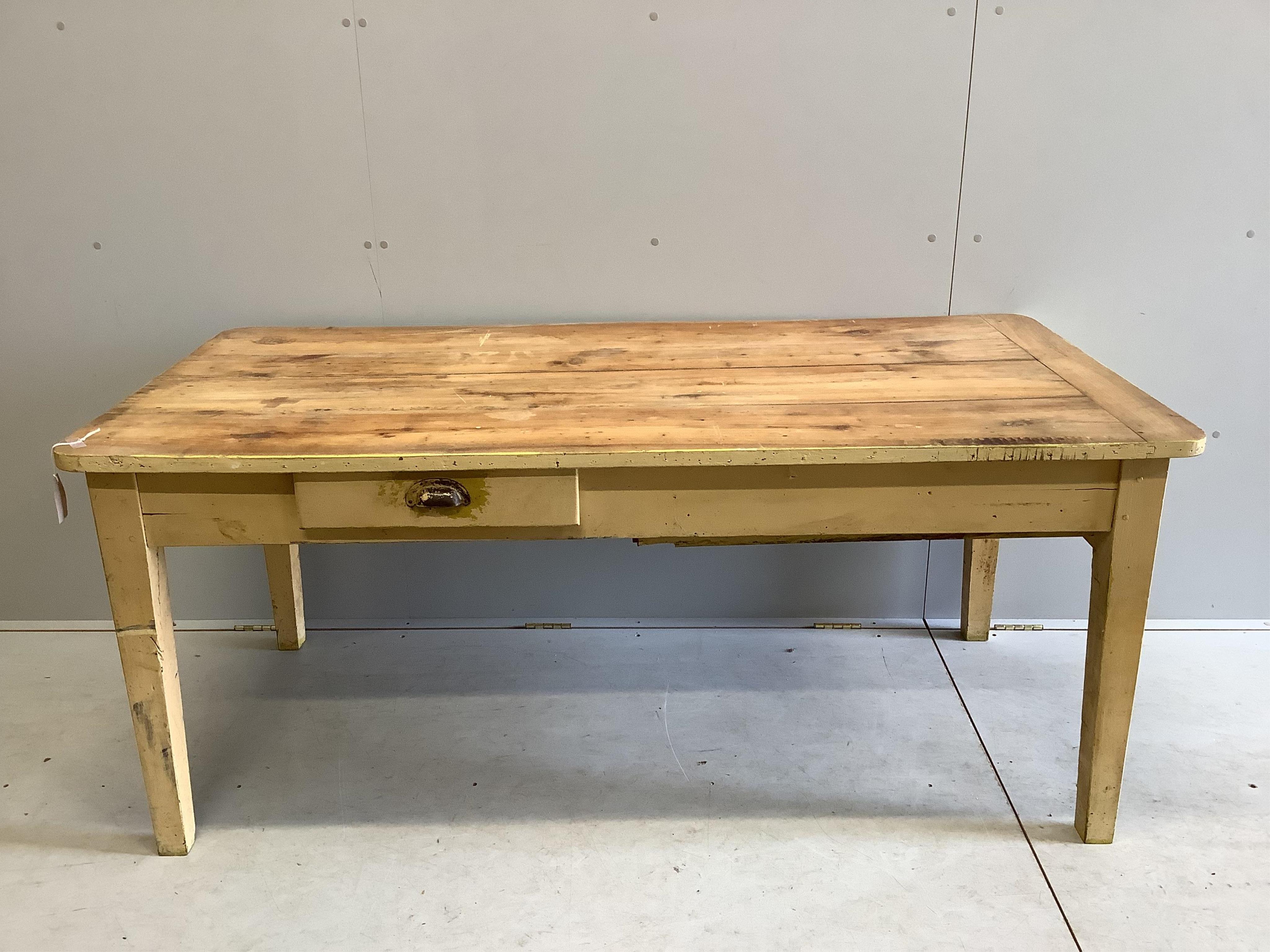 A 19th century French rectangular cherry kitchen table, width 169cm, depth 83cm, height 73cm. Condition - poor, base later painted